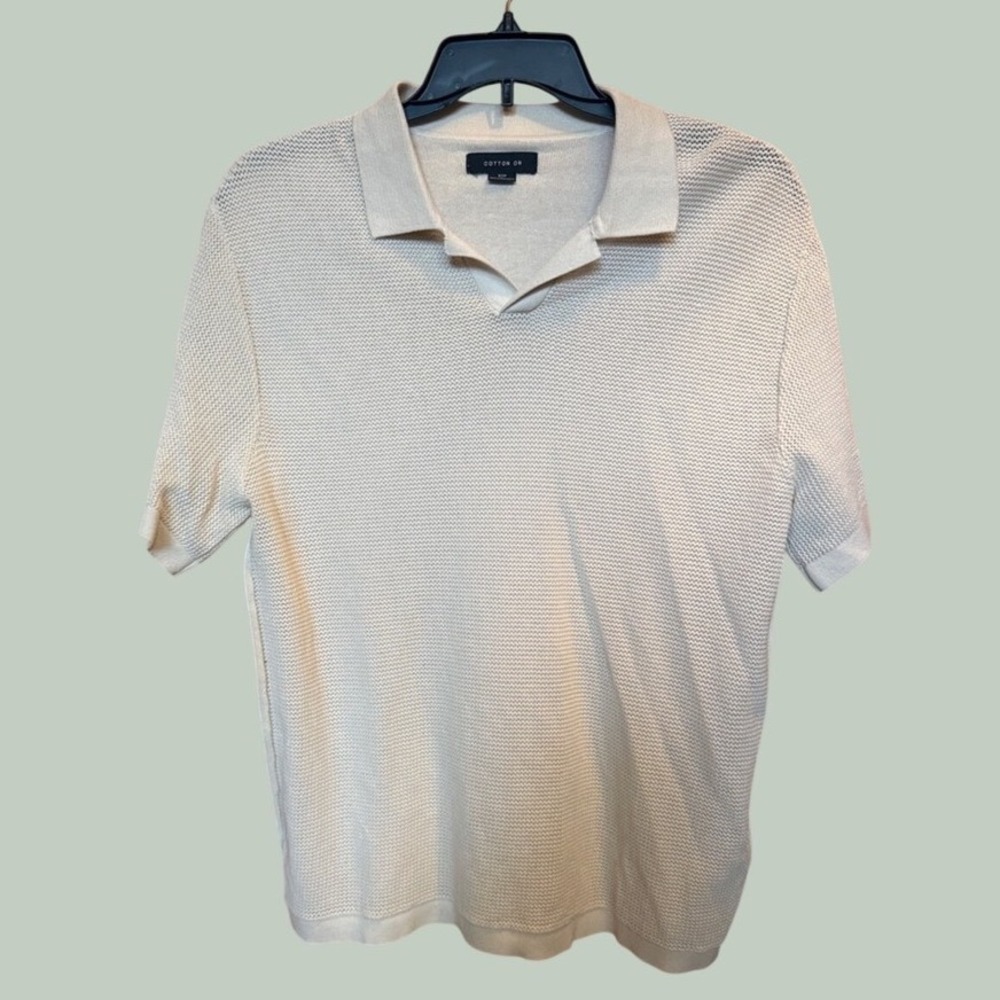 Cotton On Mens Knit Polo Shirt Cream Beige Textured Short Sleeve Small 3612338